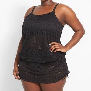 Cacique No-Wire Blouson Crochet Swim Tankini Top & Swim Skirt BLACK Size 22/24